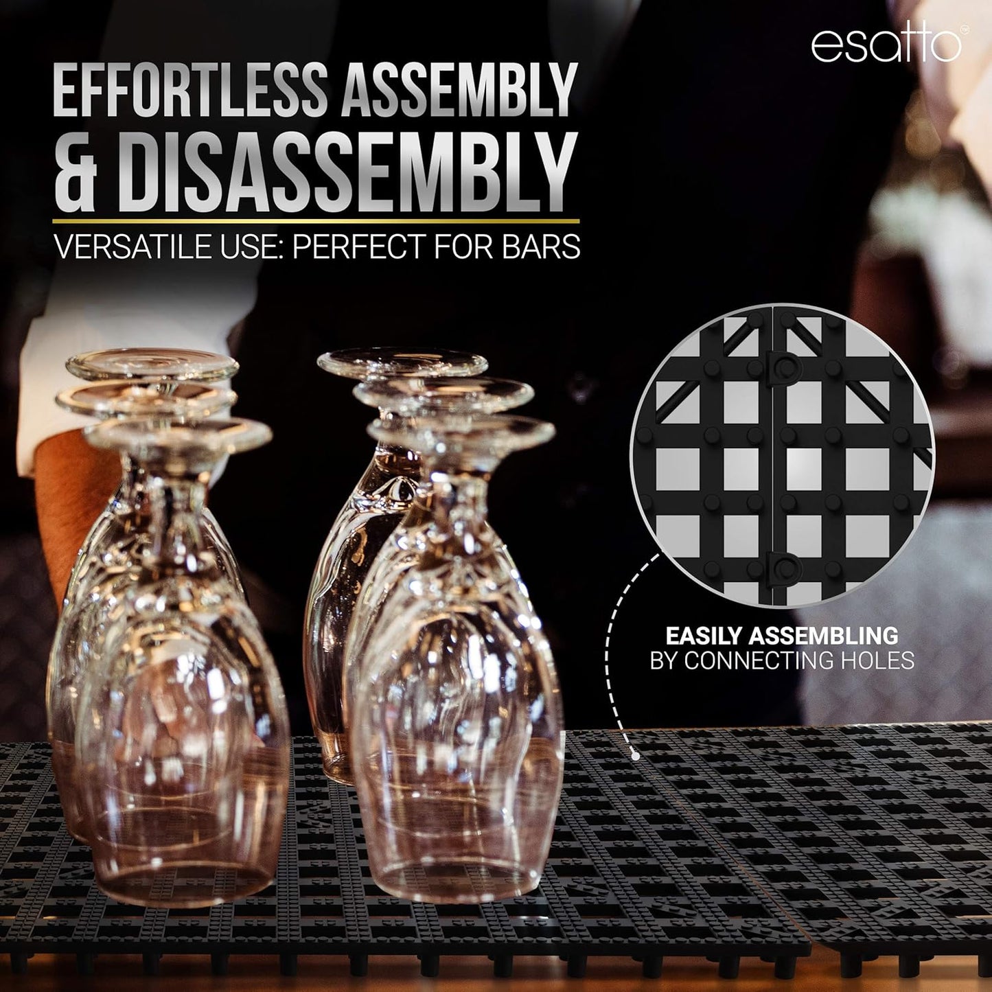 Esatto 6 Pack Interlocking Shelf Mats 12″, Black – for Spills, Clean Bars, Stain Protection, and an Anti-Slip Surface