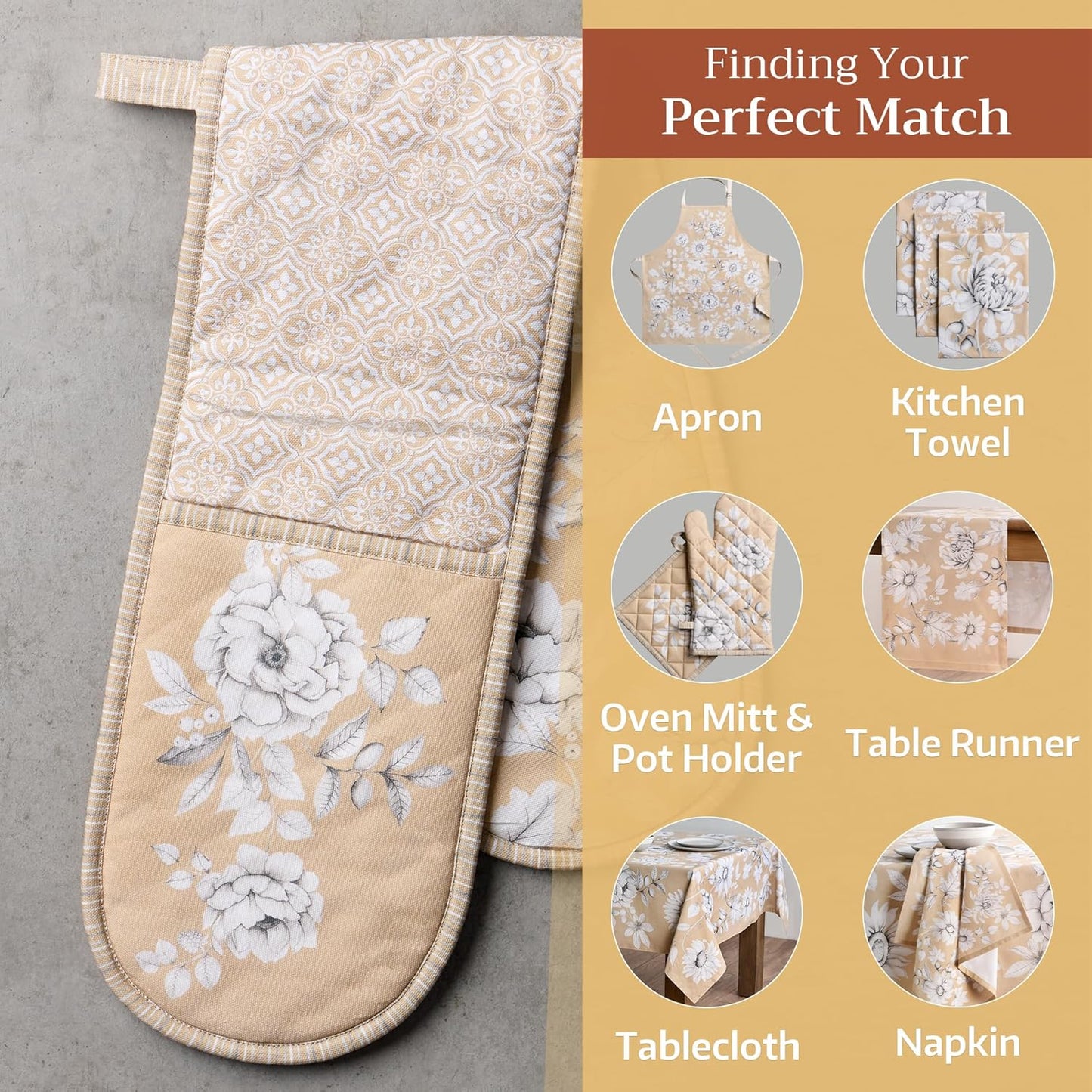 Maison d' Hermine Double Oven Mitts 100% Cotton 7"x35" Double Oven Mitt Heat Resistant BBQ Cooking Gloves with Loop, Baking, Grilling, Home, Kitchen, Handling Hot Pans (Pretty Autumn)
