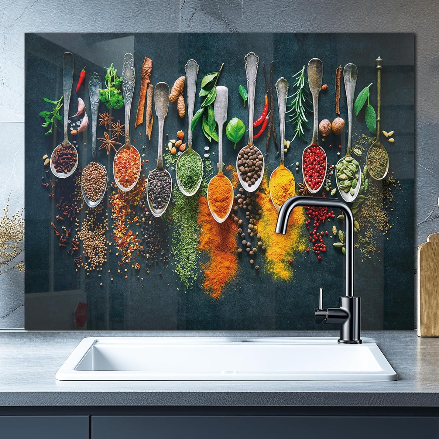 DAIFURONGE Spice Tempered Glass Backsplash For Kitchen Behind Stove,Stove Back Top Cover,Easy to Clean Glass Splashback, Sink Cover Splash Guard,Home Kitchen Wall Decor (35.43"x27.56"(90x70cm))