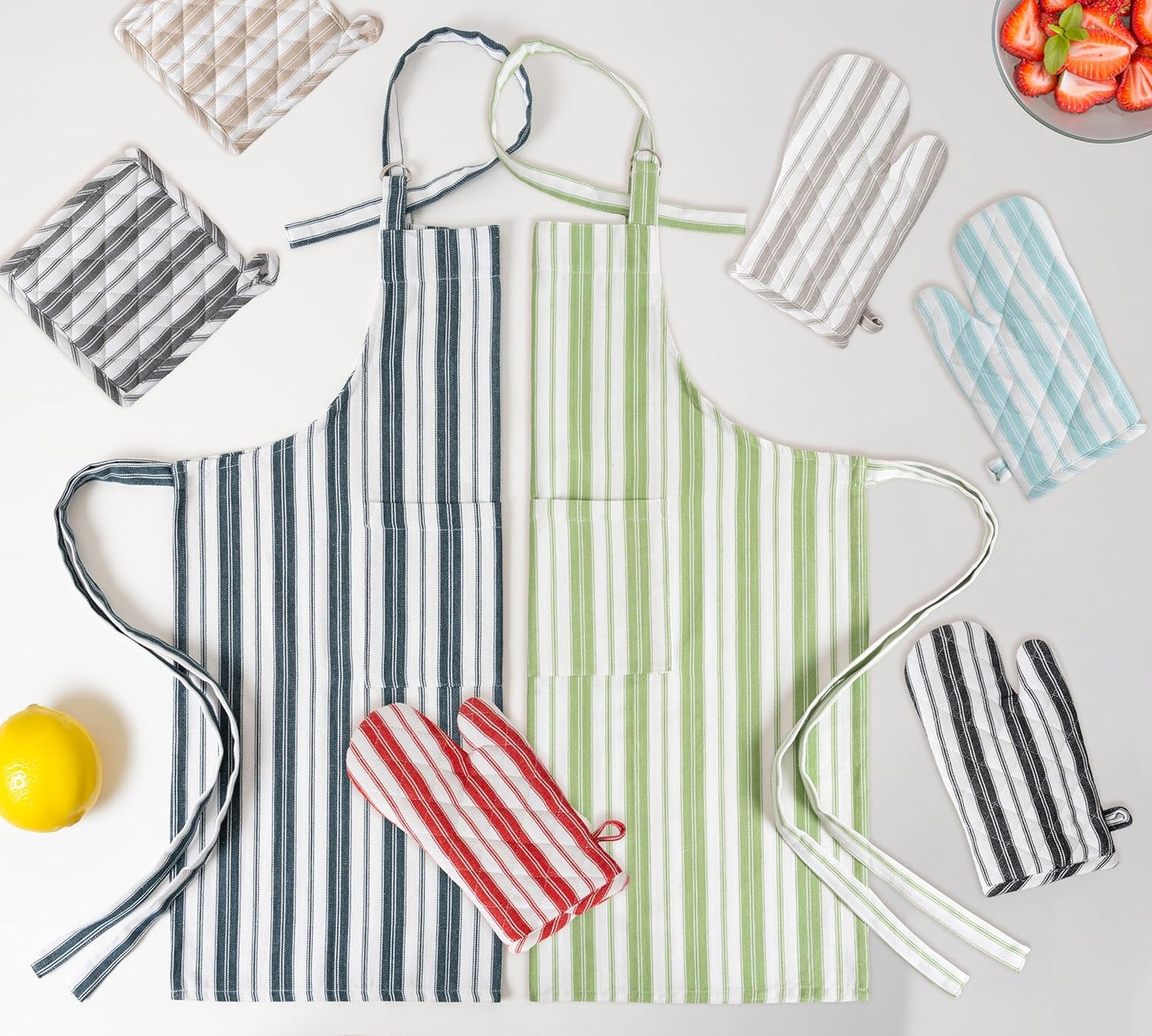 Cotton Professional Apron For Kitchen – 28 x 32 Inches – Women & Men – Useful When Cooking, Baking, Gardening – Adjustable Strap Around Waist & Neck With Pockets Navy Blue Stripes