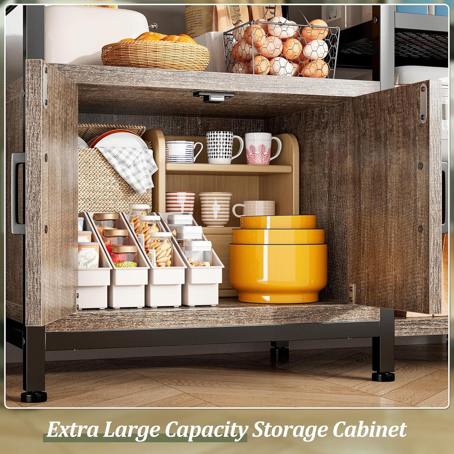 EnHomee Bakers Rack, 6 Tier Microwave Stand, Coffee Bar Organizer with 8 L-Shaped Hooks, Kitchen Shelves with Large Capacity Storage, 14.1 x 30.1 x 63.1 Inches, Black Oak