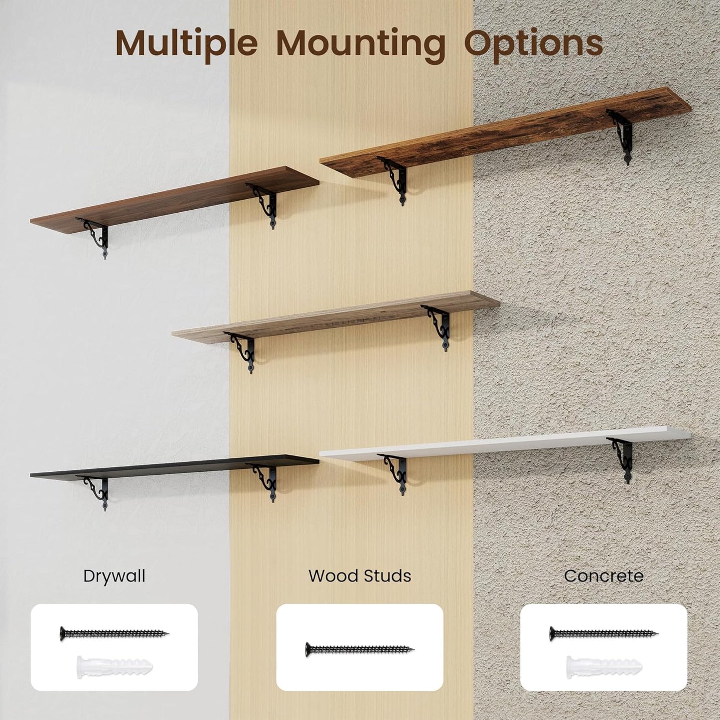 RICHFOCUS Floating Shelves for Wall Decor, 47.3W x 8D Wall Shelves Set of 2, 8 Inch Deep Rustic Wood Shelves Wall Mounted with Brackets, Long Floating Shelves for Living Room Bedroom Kitchen, Black