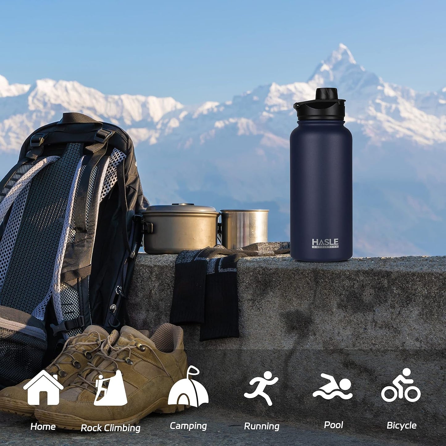 HASLE OUTFITTERS 32 oz Insulated Water Bottle Stainless Steel Double Walled Vacuum Sports Water Bottle with 2 Lids (Straw and Spout Lid) for Gym Camping Hiking(Navy,8)
