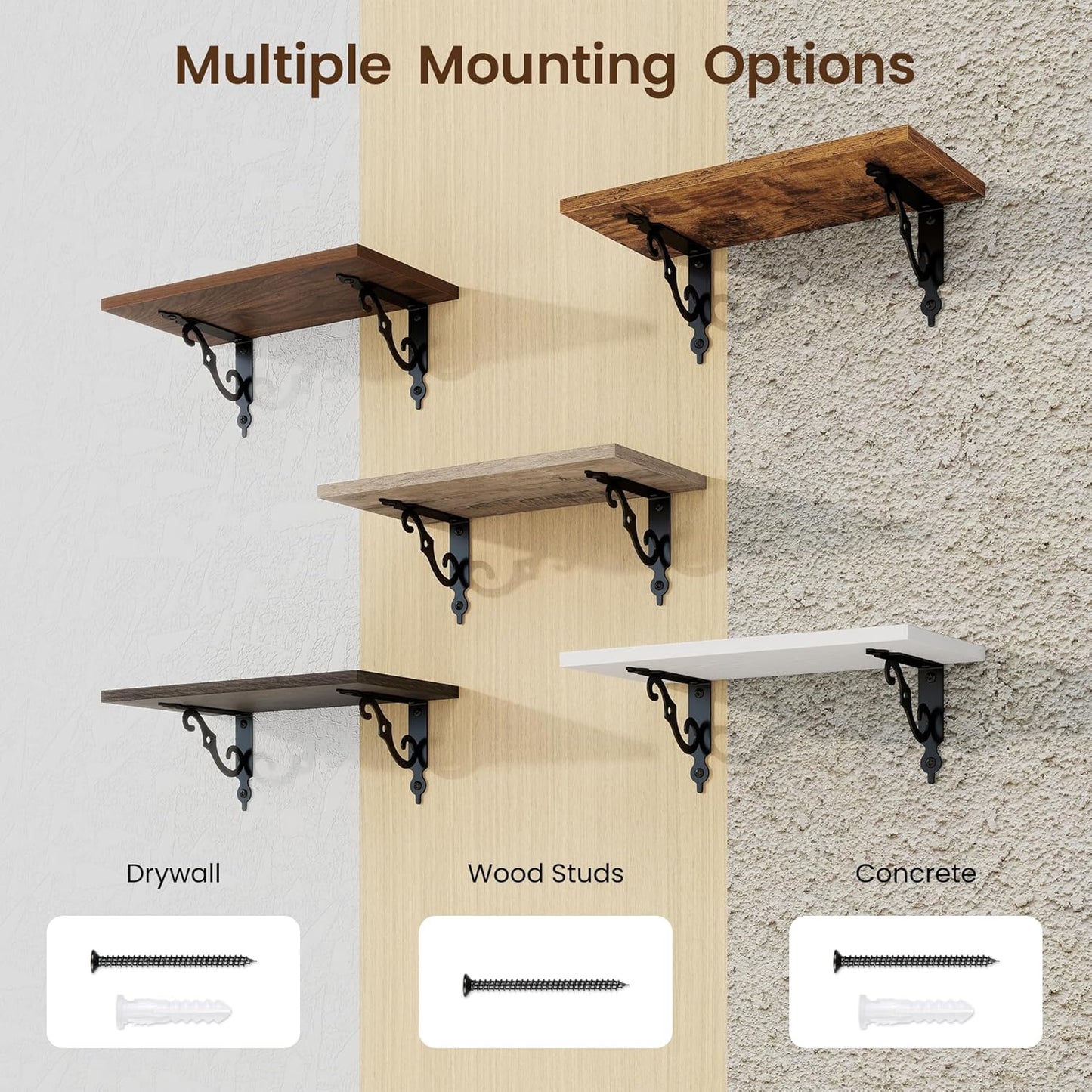 RICHFOCUS Floating Shelves for Wall Decor, 8 Inch Deep Wall Shelves Set of 2, 16W x 8D Black Floating Shelves Wall Mounted with Metal Brackets, Rustic Wood Shelves for Living Room Bedroom Kitchen