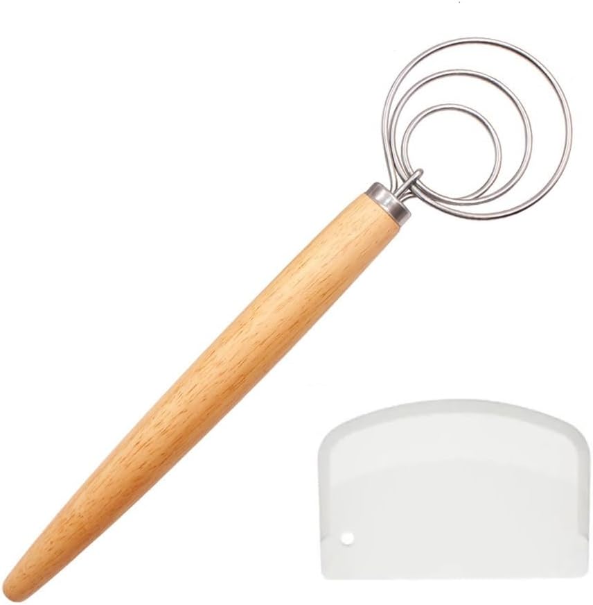 Danish Dough Whisk with Dough Scraper 10" Dutch Bread Whisk Bread Mixer Stainless Steel Dutch Bread Dough Whisk with Wooden Handle Dutch Whisk Baking Tools for Sourdough, Pizza, Pastry, Cake