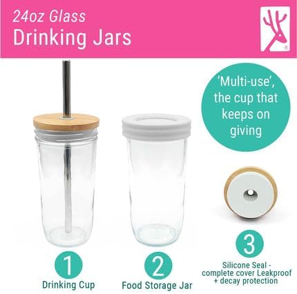 Elk and Friends Glass Mason Jars 24oz with Bamboo Straw Lids + Stainless Steel Straws | Smoothie + Iced Coffee + Bubble Tea Cups | Glass Cups with Lids and Straws