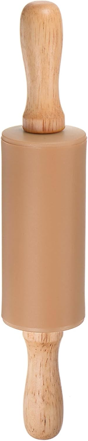 HARFINGTON Silicone Rolling Pins for Baking 9.25 Inch Non-Stick Silicone Surface Wooden Handle Rolling Pin Small Roller Playdough Rolling Pins for Fondant Kitchen Dough Pizza, Brown