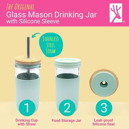Elk and Friends 24oz Glass Mason Jar – Pack of 4 | Bamboo Straw Lids + Stainless Steel Straws | Smoothie + Iced Coffee + Bubble Tea Cups | Glass Cups with Lids and Straws | Dishwasher Safe