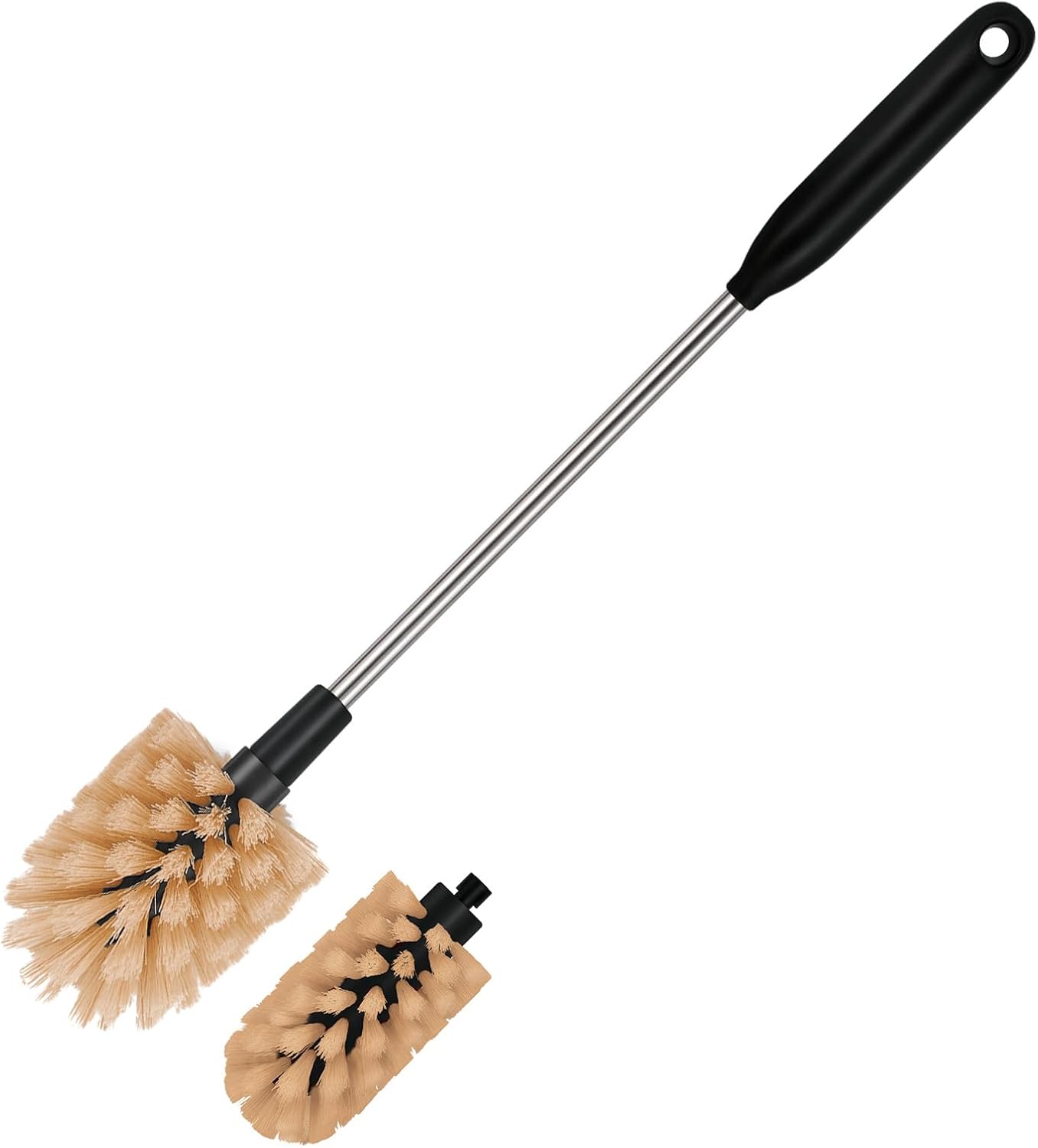 2-in-1 Long Handle Bottle Brush - Water Bottle Cleaning Accessories - Flexible Scrub Brush for Water Bottles,Mugs, Glasswares - with Replacement Brush Heads，Dishwasher Safe Reusable，Brown