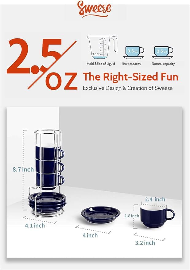 Sweese 2.5 Ounce Porcelain Stackable Espresso Cups with Saucers and Metal Stand Set of 4, Navy