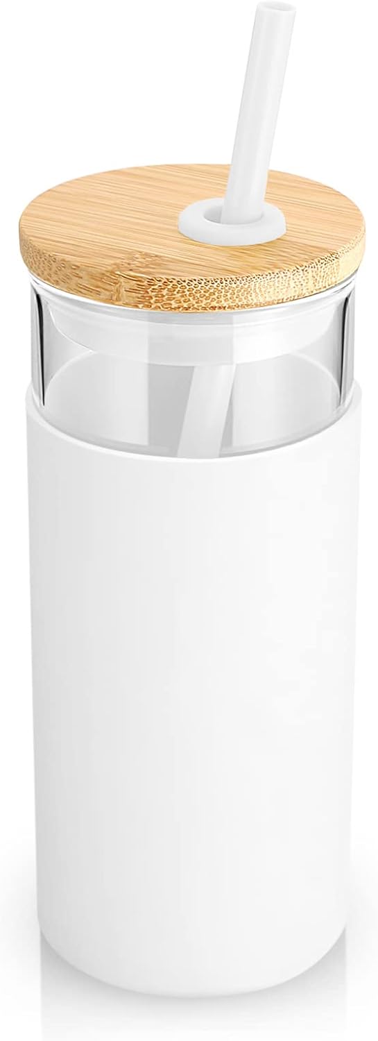 Tronco 20oz Glass Tumbler Glass Water Bottle Straw Silicone Protective Sleeve Bamboo Lid - BPA Free (White Black)