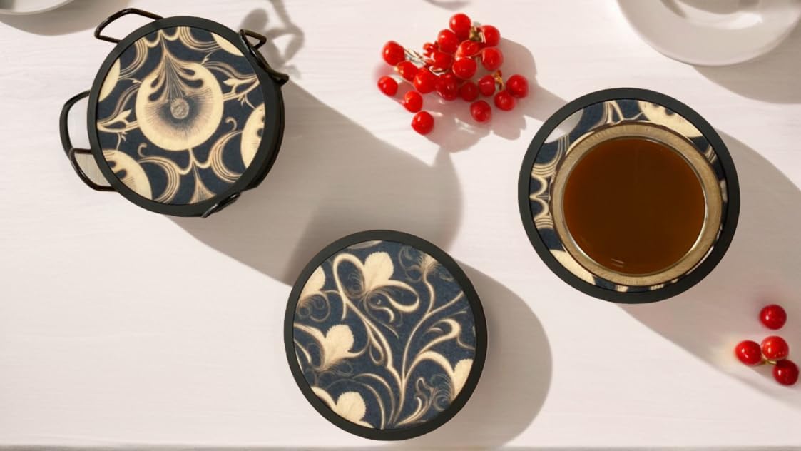 Absorbent Coasters for Drinks with Holder - 6packs, Silicone Coaster with Soft Felt Insert (4.3 inch Coasters with 4.5 inch Holder, Dual-Sided Flower -Themed Patterns)