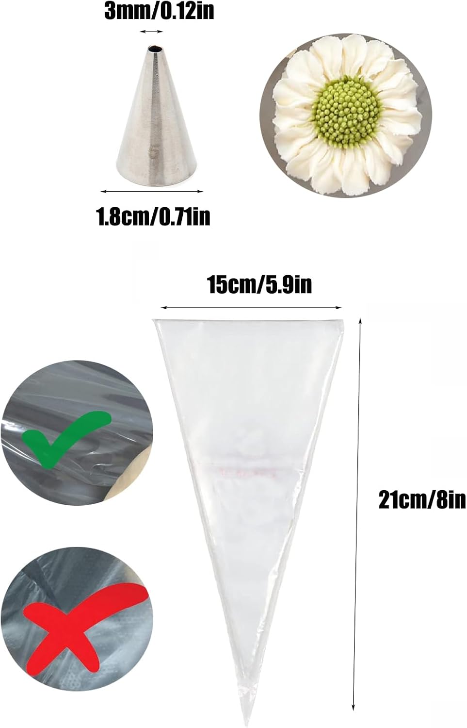 #5 Piping Tip and Bag Set – 3 Round Decorating Tips & 20 Disposable 8" Bags for Dots, Bead Borders, Writing & Designs