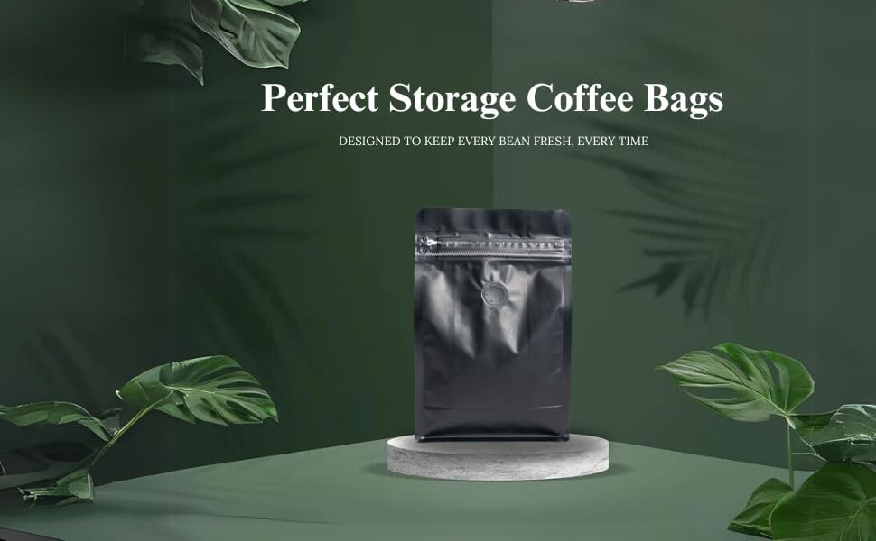 Premium Coffee Bags with Valve (100 pcs, 8 oz) Standing Coffee Beans Storage Bags, Reusable Heat Sealable Side Zipper Pouches, Eco-Friendly Packaging, Perfect for Home and Office - Black