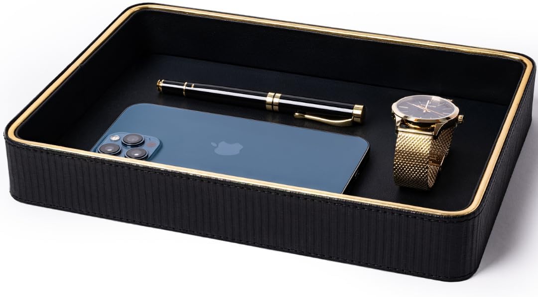 Black Leather Valet Tray for Men| Mens Valet Catch All Trays| Bedside Organizer for Nightstand| Cologne Tray for Men| Desk Trays
