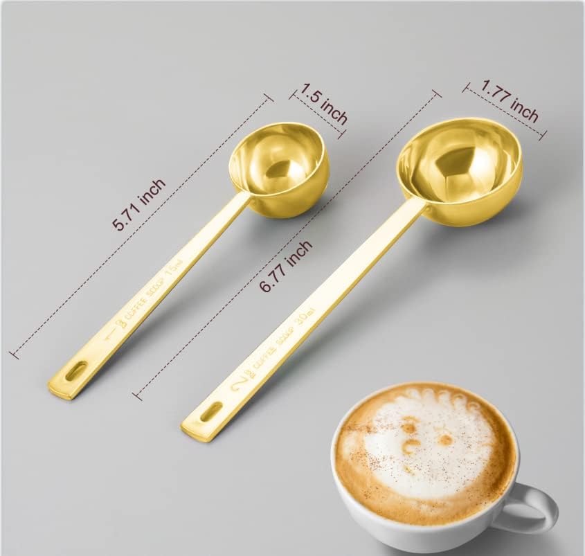 Premium Coffee Scoop Set, Set of 2, Metal Stainless Steel Long Handle Coffee Scoop, Measuring Coffee Spoons Contains 1 Tablespoon (15 ml) and 2 Tablespoons (30 ml) Spoon-Gold