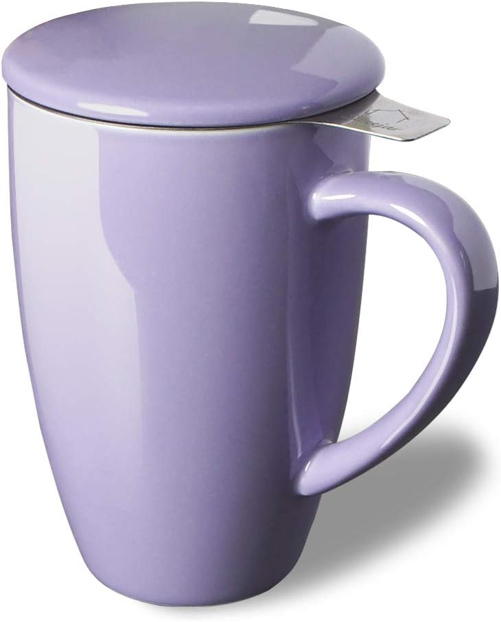 Sweejar Porcelain Tea Infuser Cup with Lid, 16 oz Tea Cup with Strainers for Loose Leaf Tea, Microwave and Dishwasher Safe Coffee Mug, Tea Steeping Mug for Tea Drinkers,Christmas Gift (Purple)