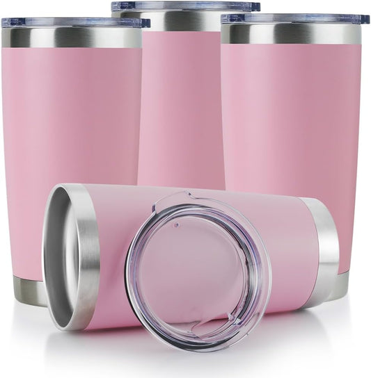 DOMICARE 20oz Stainless Steel Tumbler Bulk with Lid, Double Wall Vacuum Insulated Travel Mug, Powder Coated Coffee Cup, Pink, 4 Pack