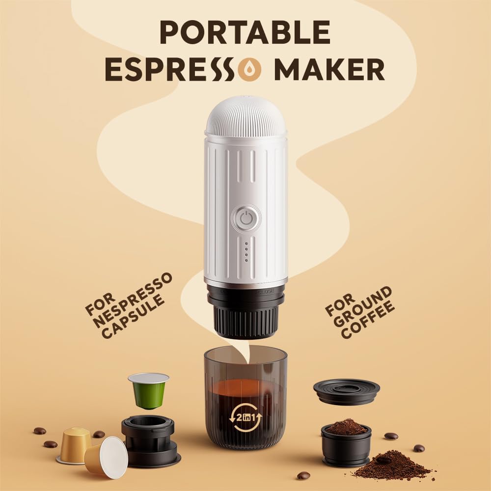 BENFUCHEN Portable Electric Espresso Machine, Travel Coffee Maker for Camping, On the Go Car Coffee Maker Self-Heating with USB-C, With Ground Coffee & N Espresso Capsule for RV/Hiking/Office, White
