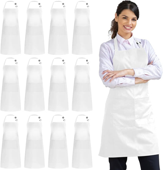 Syntus 12 Pack Bib Apron, Unisex Aprons Adjustable 100% Cotton with 2 Pockets Cooking Kitchen Aprons for Women Men Chef, BBQ Drawing Apron Bulk, White