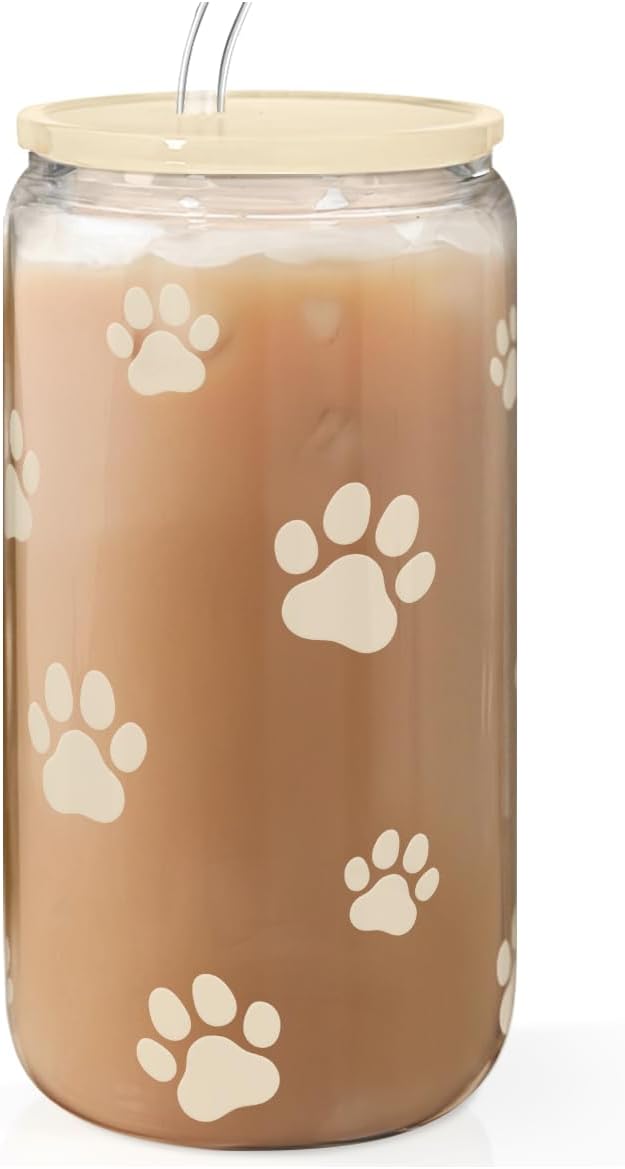 Paw Print 16oz Can Glass Tumbler with Acrylic Lid & Straw - Iced Coffee Cup for Women Cat Dog Mom, Aesthetic Cups Gifts for Birthday Christmas