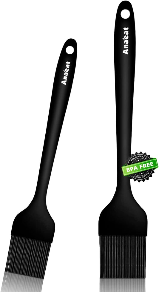 Anaeat 2 Pack Silicone Basting Pastry Brushes - Heat Resistant Brush with Soft Bristles, Hygienic One-Pieces Design, Marinade Brush Great in Baking for Spreading Oil Butter Sauce BBQ Grill (Black)