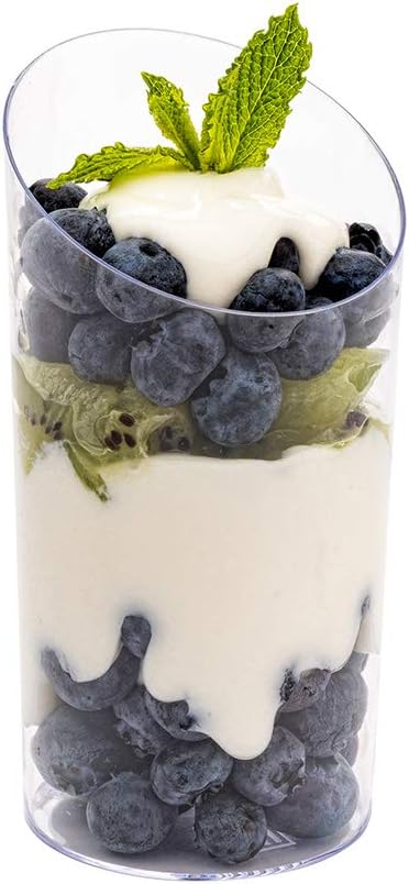 Restaurantware 5 Ounce Mini Dessert Cups 100 Disposable Parfait Cups - Round Slanted Clear Plastic Shooter Cups Serve Appetizers Snacks or Samples For Weddings Catered Events or Parties