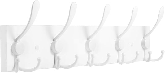 Coat Rack Wall Mount Coat Hooks Wooden Hat Rack for Wall Hooks Pine Real Wood Plank 16.9" White Coat Hanger with 5 White Triple Hooks for Hanging Coat Hat Jacket