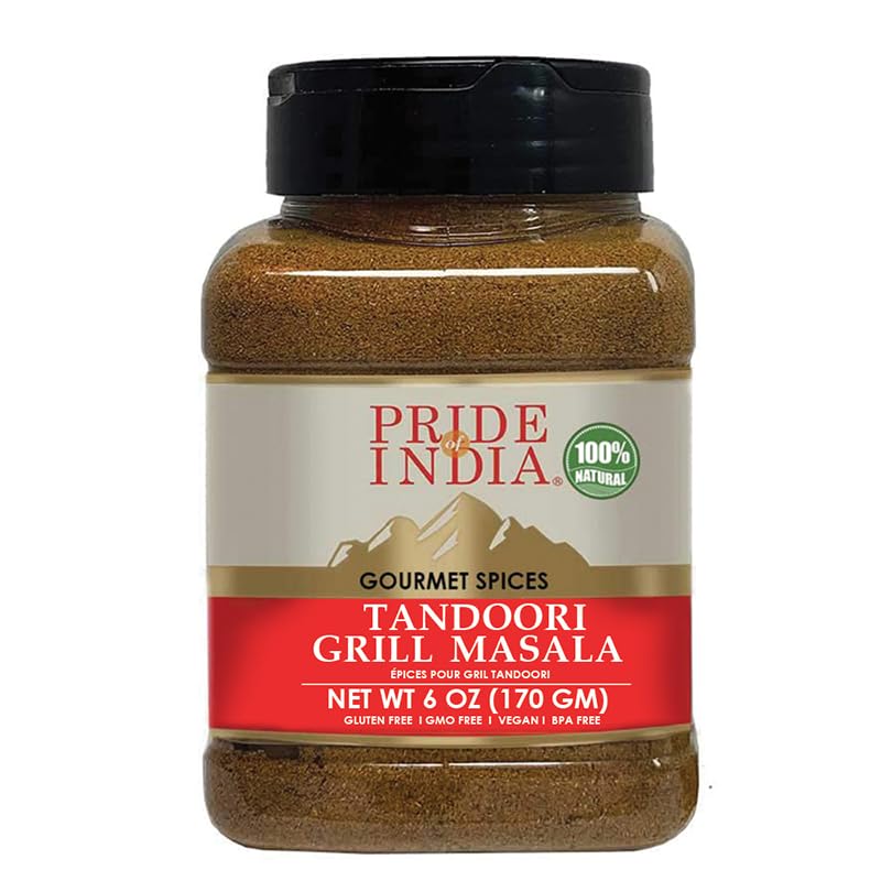 Pride of India - PACK of 6 - Tandoori Grill Masala 6 oz (170 gm) Medium Dual Sifter Bottle |Blend of Exotic & Gourmet Spices |For Vegetable, Meat & Chicken Cooking |Non-Bioengineered | Easy to Use