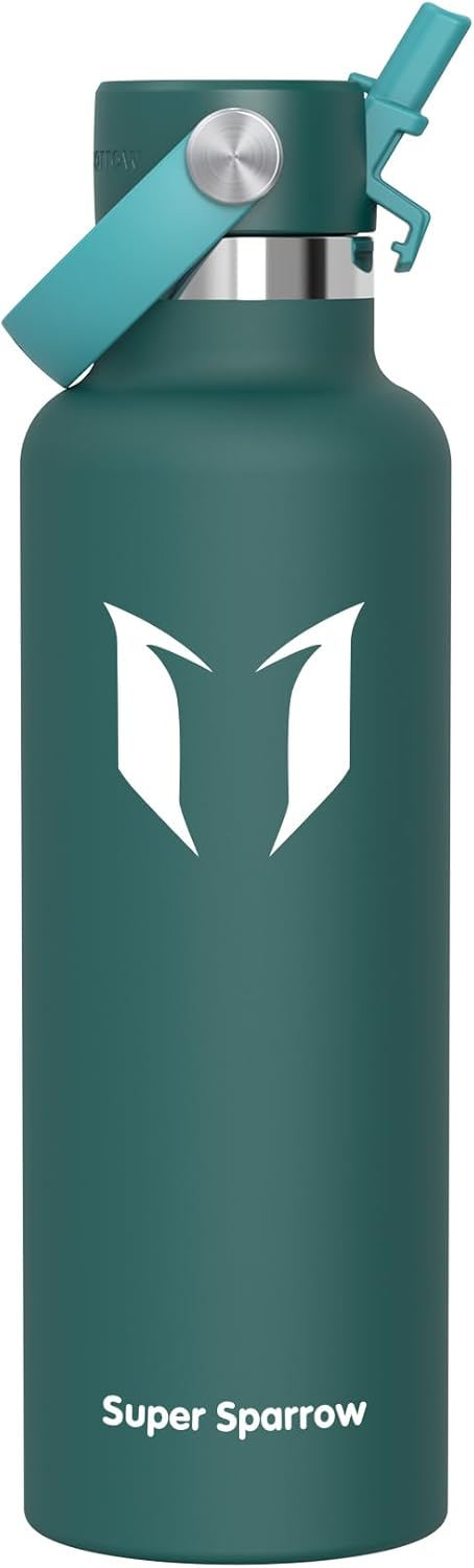 Super Sparrow Insulated Water Bottle - 17 Oz / 25 Oz / 32 Oz - Standard Mouth FlipFlow Flask - BPA Free, Leak Proof Drink Bottle- Ergonomic Straw Water Bottles for Work, Gym, Travel, Sports