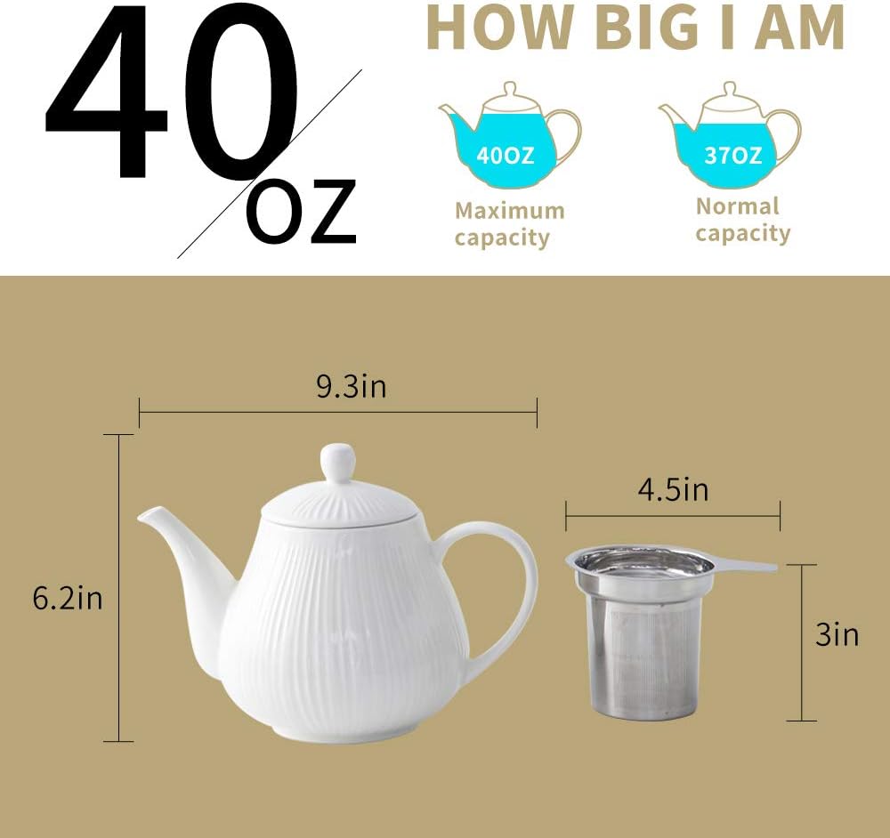 KOOV Ceramic Teapot with Infuser, 40 ounce Tea Pot with Infuser for Loose Tea, Large Enough For 6 Cups, Tea Kettles, Non-Electric (Cream)
