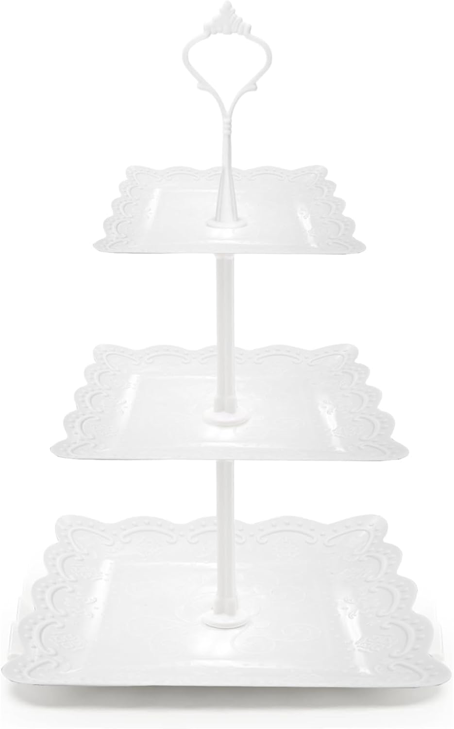 3 Tier Cupcake Stand, Durable Plastic 3 Tier Serving Tray for Cupcake, Fruit, Chocolate, Cookies, Square White Embossed Tiered Tray Stand for Wedding, Baby Shower, Party