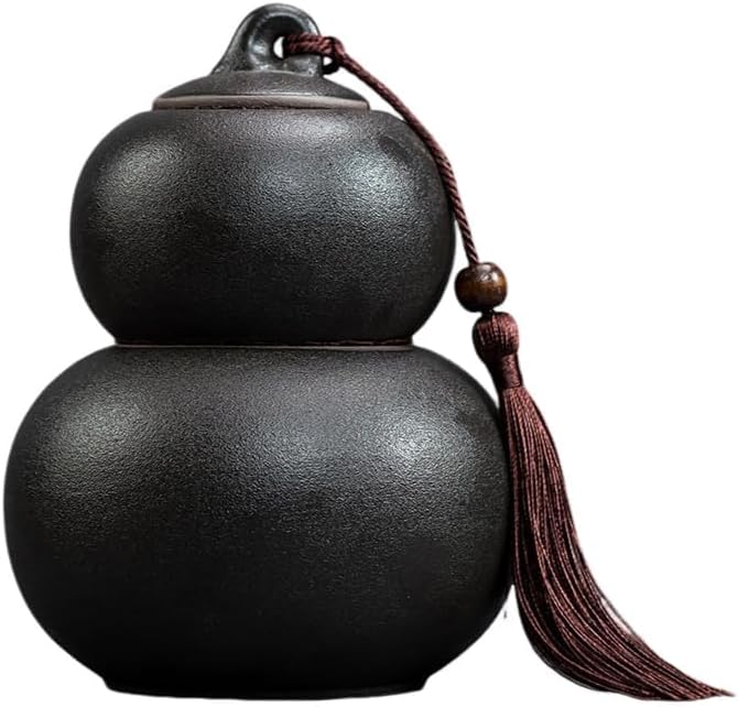 Ceramic Airtight Canister,22 Oz /660ml,Gourd Shap 2 Layers Tea Candy,Food Storage Jar for Coffee,Beans,Herb,Spices,Nuts -Stone Black