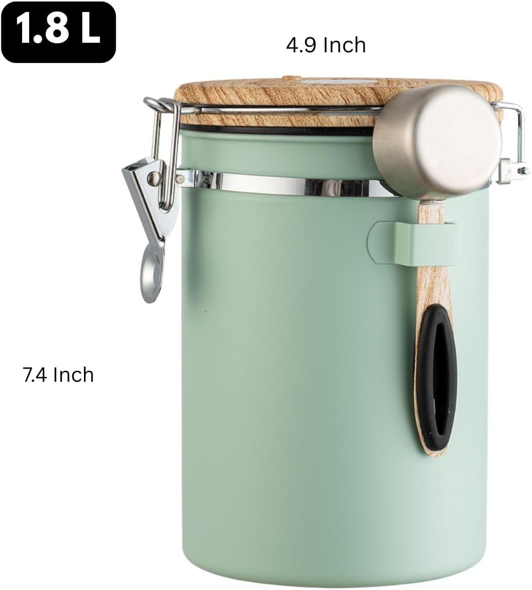 Airtight Coffee Canister 1.8L with Wooden Lid Scoop Set, 304 Stainless Steel Food Storage Container with CO₂ Valve, for Beans, Grounds, Tea, Sugar, Flour, Nuts (Green,1.8L)