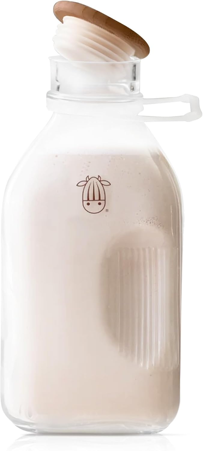 Almond Cow - Glass Pitcher with Lid and Spout, Glass Bottle Milk Container for Refrigerator, Clear Milk Jar Bottles, Food-Grade Liquid Container, 60 fl oz Capacity, 5 x 4 x 10 Inches