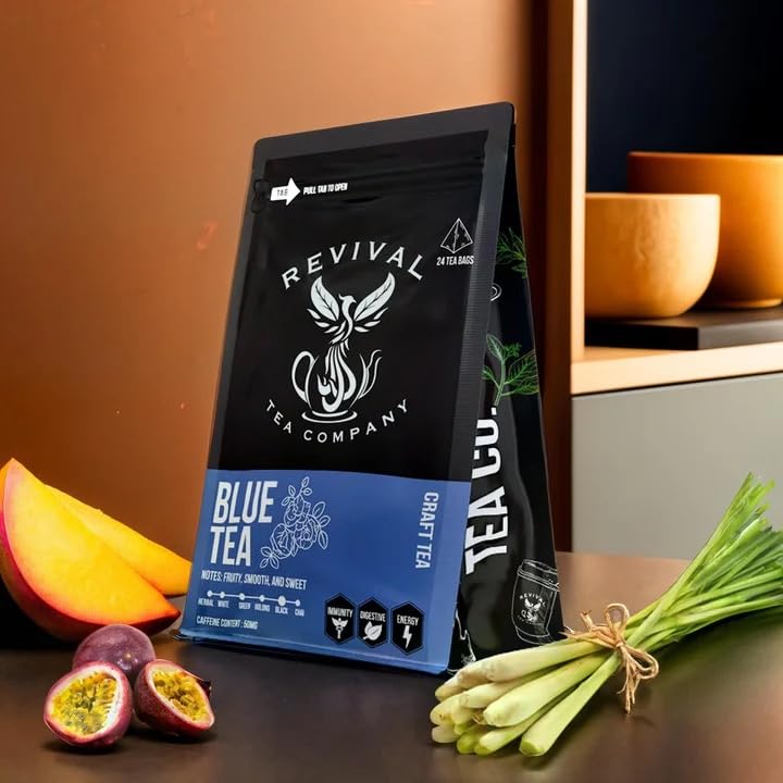 Revival Tea Company Blue Tea - Butterfly Pea Flower and Black Tea Blended with Other Herbal Tea Flavors - 24 Tea Bags