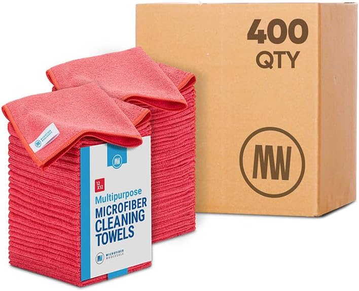 Bulk 12” X 12” All Purpose Microfiber Towels Wholesale - Case Quantity (400 Count) | No Fraying | High Density Microfiber | Zero Chemical Cleaner | Long-Lasting (Red)