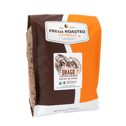Fresh Roasted Coffee, Organic Drago Café Blend | USDA Organic, Kosher | Medium Roast 5 lb (80 oz) Whole Bean