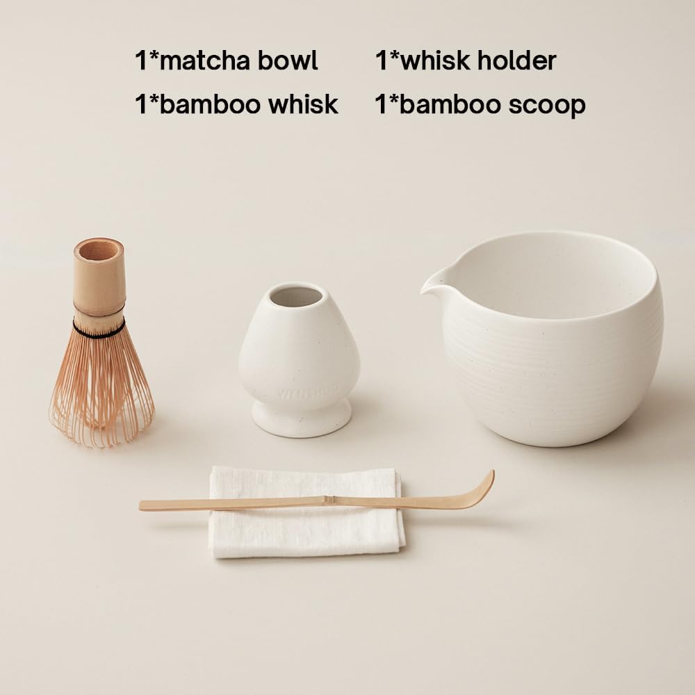 WENSHUO Matcha Whisk Set, Ceramic Matcha Bowl & Whisk Holder, Bamboo Accessory, Modern Design (Matte White, Pouring Spout)