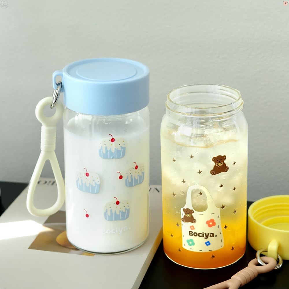 ZZT 2 Sets Of 14.5 OZ Clear Glass Bottles with Lids,Reusable Glass Water Bottle,Yellow and Blue,Leak Proof, Used for Fruit Juice,Tea,Water,Milk,Etc