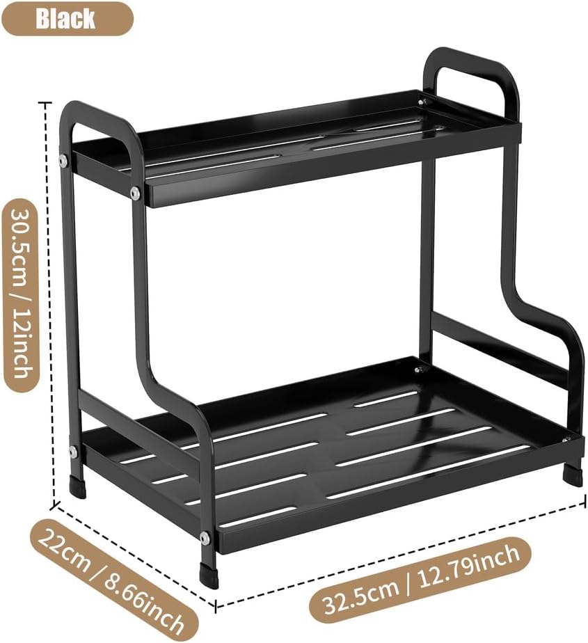 KISKIS Coffee Mug Cup Holder Space Saving 2-Tier Sturdy Stable Metal Storage Shelf, Prevent Falling Scratch Resistant Kitchen Rack Office Bathroom Desktop Organizer,Black