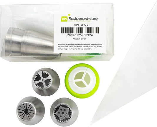 Restaurantware Pastry Tek Russian Piping Tips Set 20 Piece Durable Cake Decorating Kit - 9 Piping Tips 10 Piping Bags Stainless Steel Piping Bags And Tips Set 1 Tri-Color Coupler