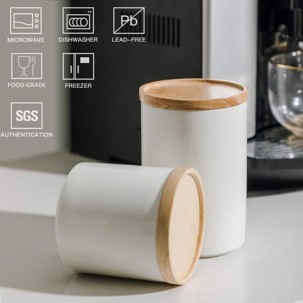 Sweejar Kitchen Canisters Ceramic Food Storage Jar, Stackable Containers with Airtight Seal Wooden Lid for Serving Ground Coffee, Tea, Sugar, Salt and More - 16 Fl Oz (White)