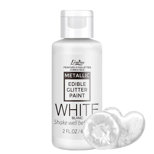 Edible Glitter Paint - 2 fl.oz Food Grade Metallic Glitter Cake Paint for Cake Decorating, Baking, Cupcakes - Shimmer Art Decorative Liquid Edible Paint Food Coloring for Fondant, Donuts (White)