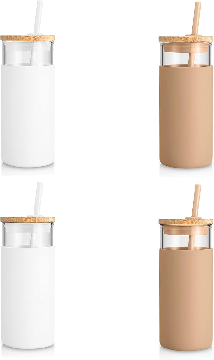 Tronco 20 oz Glass Tumbler Glass Water Bottle Straw Silicone Protective Sleeve Bamboo Lid - BPA Free -White Amber/ 4 Pack
