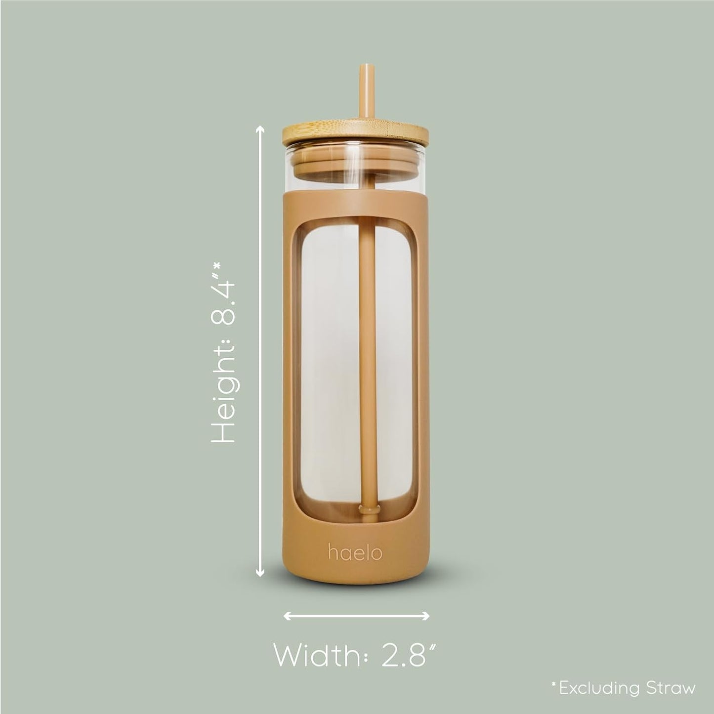 haelo 20oz Glass Tumbler Water Bottle, Iced Coffee Cup with Straw, Silicone Protective Sleeve, Bamboo Lid Reusable BPA Free (Amber)