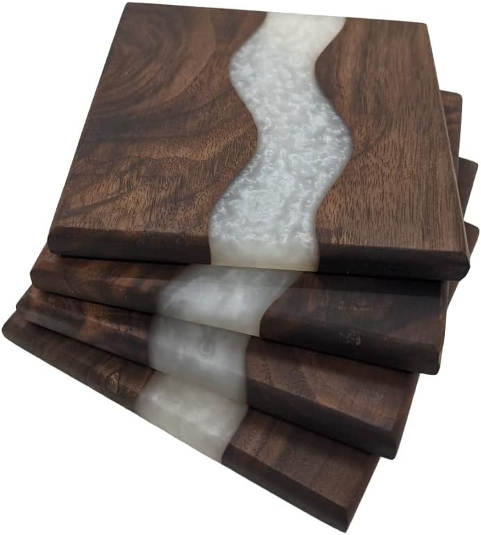 Generic Wood Coaster Set for Drinks | Handmade with Dark Walnut & Natural Wood Sealant Finish for Water Resistance, Easy Cleaning & No Stains | Epoxy Resin River (4 Pieces) (White)