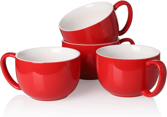Teocera 16oz Large Coffee Mugs Set of 4 - Thick White Porcelain Cups for Cappuccino, Latte, Tea & Hot Chocolate - Dishwasher Safe Ceramic with Comfort Grip Handles (Red)