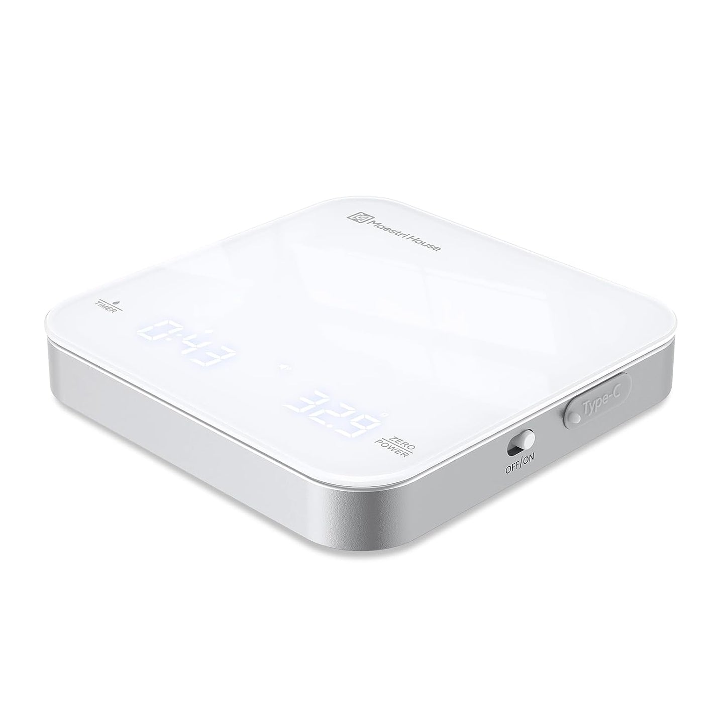 Rechargeable Mini Coffee Scale with Timer, Maestri House Espresso Scale, 2kg/0.1g Accurate Scale for Espresso and Pour-Over Coffee, Portable Digital Kitchen Scale with Automatic Timing（White&Silver）