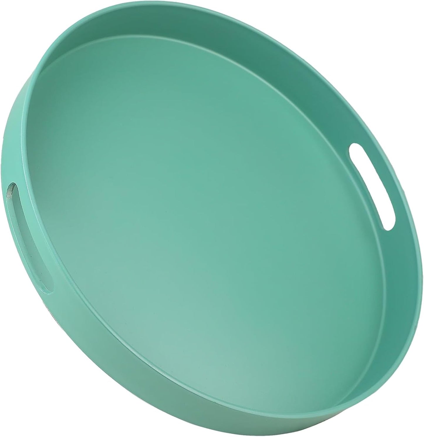 Round Green Decorative Serving Tray with Handles, 13” Versatile Ottoman Tray for Coffee Table, Entertaining, Outdoor Patio, Living Room